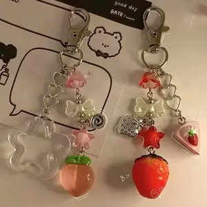 Y2K Handmade Strawberry And Peach Matching Keychain Fairytale Lily of The Valley Keychain Handbag Pendant Keyring For Girls Gift