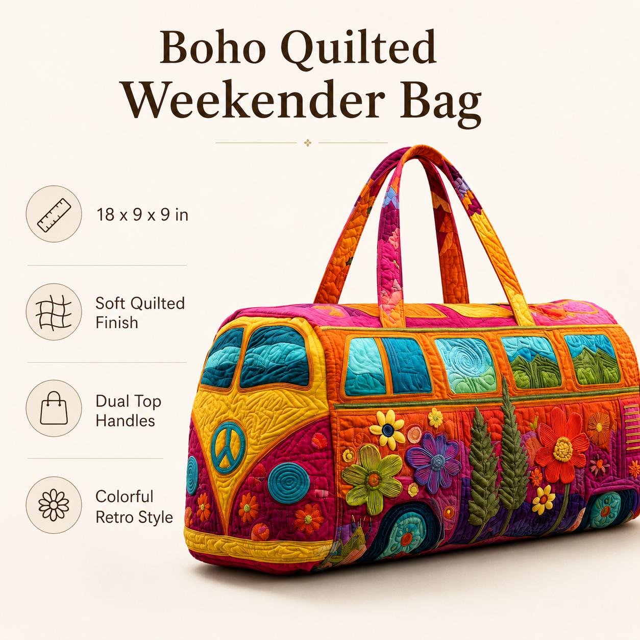 18 Inch Boho Quilted Weekender Bag, Colorful Retro Van Duffel Bag for Travel, Beach, Gym and Weekend Getaway