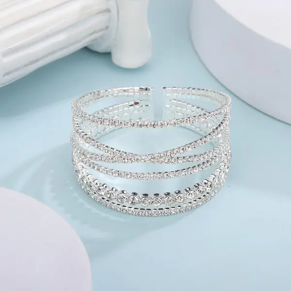 Women's Rhinestone-Embellished Multilayer Copper Cuff Bangle - Adjustable Stretchy Costume Jewelry, 1.4in Height, 2.2in Diameter, 18cm/7in Silver, Ideal for Happy Birthday, Halloween, Prom Gifts for Women