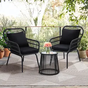 3-Piece Rattan Wicker Bistro Set Outdoor Conversation Set with Glass Top Table Space-Saving Design for Balcony Backyard Patio Stylish Black Durable Furniture