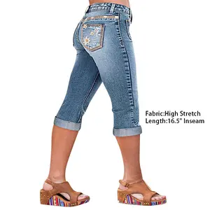 Flamingals Floral Embroidered Button Fly Mid Rise Capri Jeans Womenswear Comfortable Fit Denim Bottom Casual Basic Skinny
