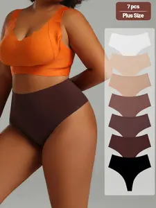 7-Pack Plus Size High-Waisted Wide Band Thong Panties | Seamless Buttery-Soft Smooth Ice Silk Fabric | Breathable Lined Crotch | No-Show Daily Wear | S-3XL