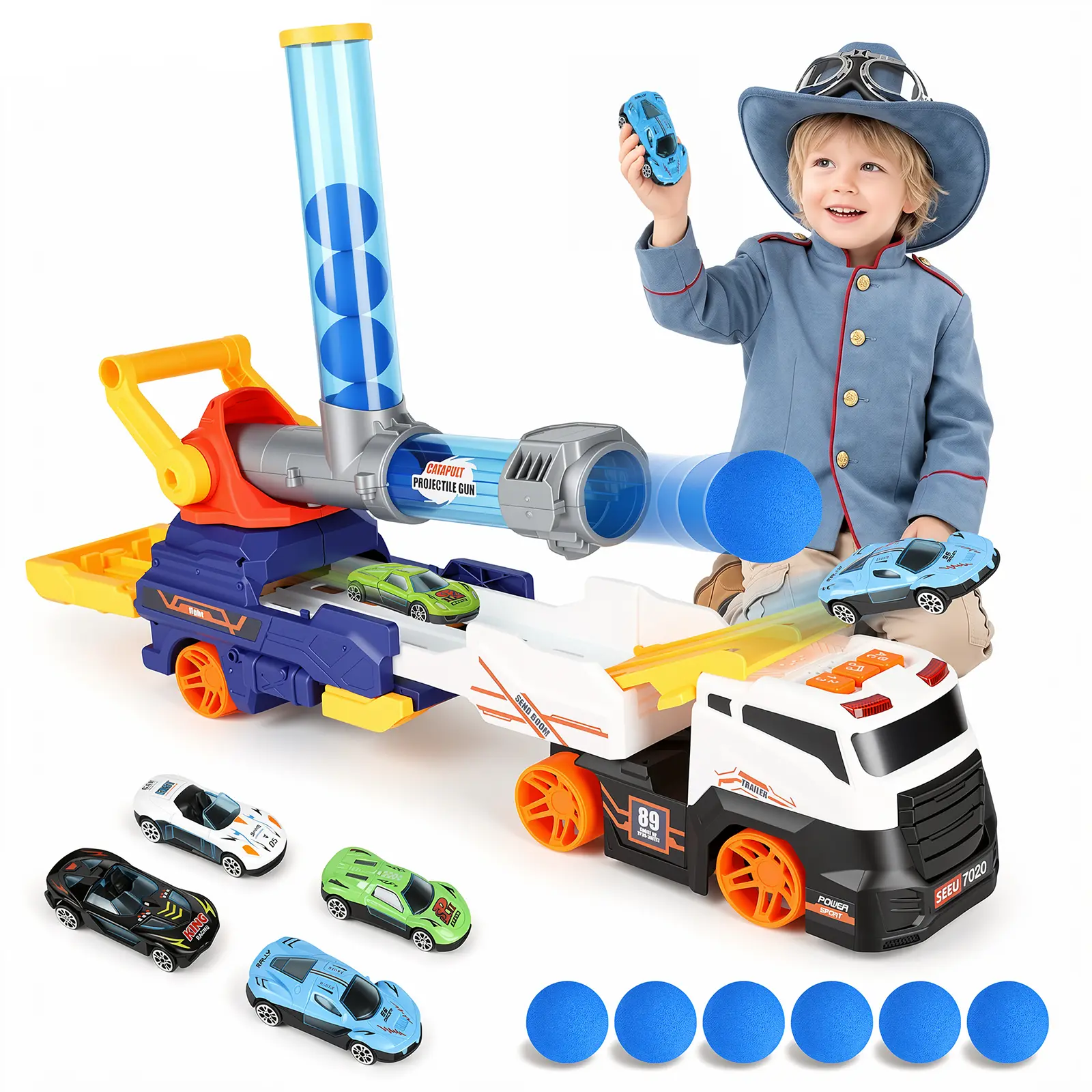 UDROLL 2-in-1 Kids Launch Truck Toy: Race Car Launcher & 360° Rotatable EVA Ball Blaster Cannon with Light & Sound Effects, Interactive Action Playset for Boys & Girls Ages 3+