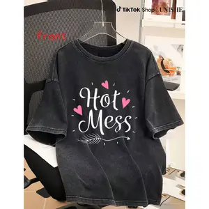 Cute Hot Mess Washed Cotton T-Shirt – Short Sleeve Casual Wear