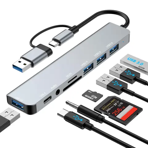 8-in-1 USB C Adapter Multiport - Ultra Portable Aluminum Alloy Hub with 4K HDMI, 3.5mm Audio Jack, TF/SD Card Reader, 4 USB 3.0 Ports for Streamers, iPhone 15, MacBook