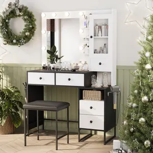 Summervibes LHBCRAFT Multi-Functional Makeup Vanity Set with LED Lights , Adjustable Vanity Desk with Stool, Bedroom Dressing Table,Modern