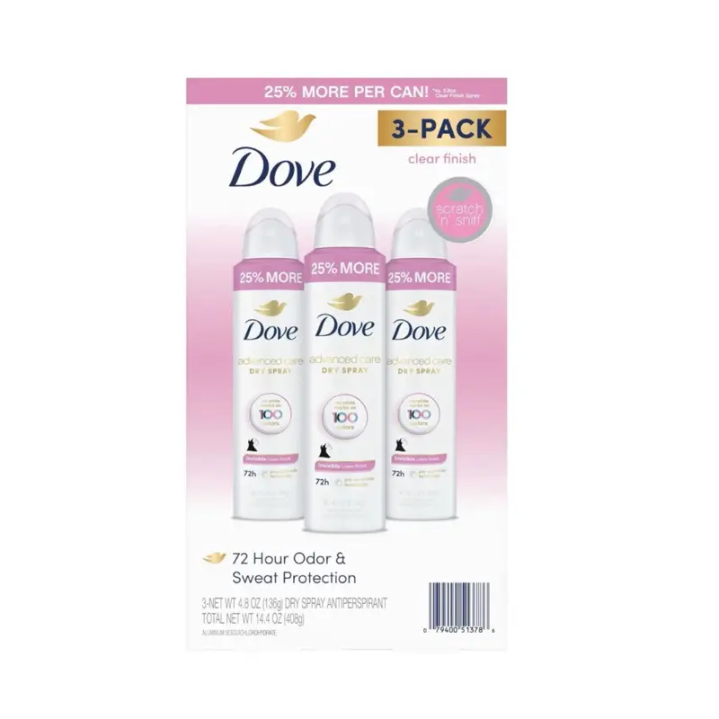 Dove Advanced Care Clear Finish Antiperspirant Spray, 4.8 oz., 3 pk.