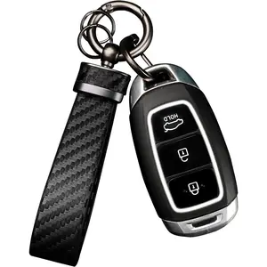 Leather Car Keychain - Carbon Fiber Interior Key Fob with Anti-Lost D-Ring - Car Accessory Key Ring (Black)