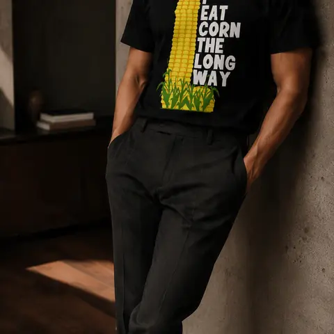 Men's Classic Casual Crew Neck Cotton T-Shirt - Short-Sleeve, Relaxed Fit, Soft, Breathable All-Seasons Top with Reinforced Seams, Funny "I Eat Corn The Long Way" Graphic Menswear Tee