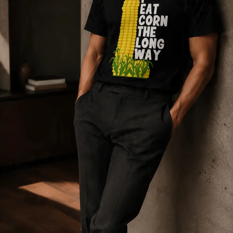 Men's Classic Casual Crew Neck Cotton T-Shirt - Short-Sleeve, Relaxed Fit, Soft, Breathable All-Seasons Top with Reinforced Seams, Funny "I Eat Corn The Long Way" Graphic Menswear Tee