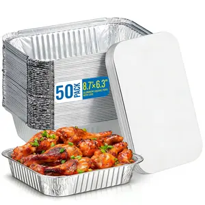 50 Pack Aluminum Pans with Lids, 8.6''x6.3'' Disposable Tin Foil Baking Pans for Meal Prep, Oven-Safe Freezer & Takeout Containers