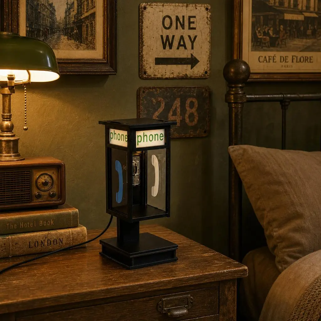 Vintage Phone Booth Table Lamp, Retro Home Decor Statue for Bedroom Desk Night Lighting