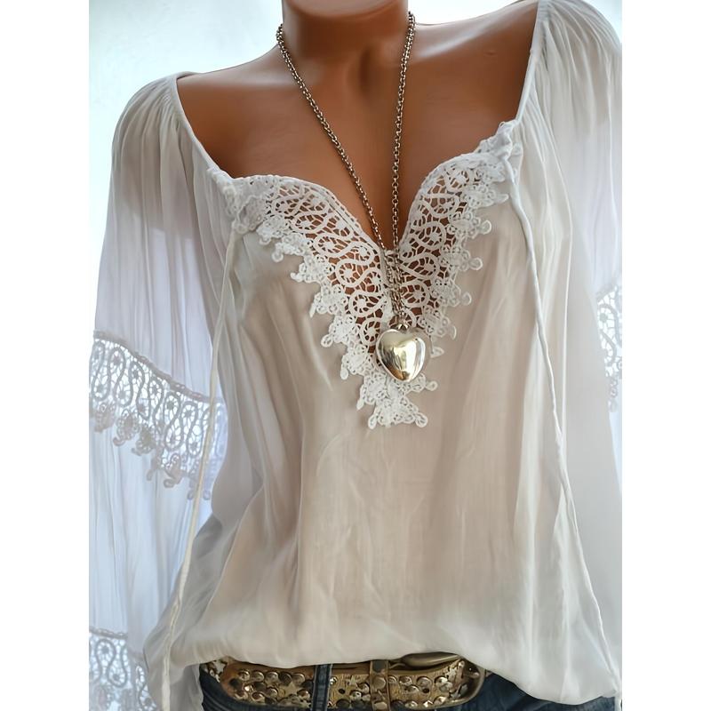 Women's plus Size V-Long Sleeve Top with Elegant Edges and Heart-Shaped Pendant Details, Spring/Autumn See-through White Casual Wear