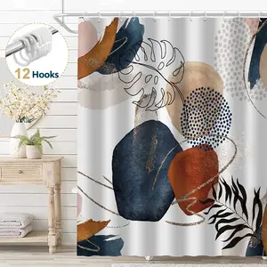 Abstract Shower Curtain, Boho Mid Century Modern Neutral Geometric Bathroom Curtain Decor with 12 Hooks, 72" x 72"