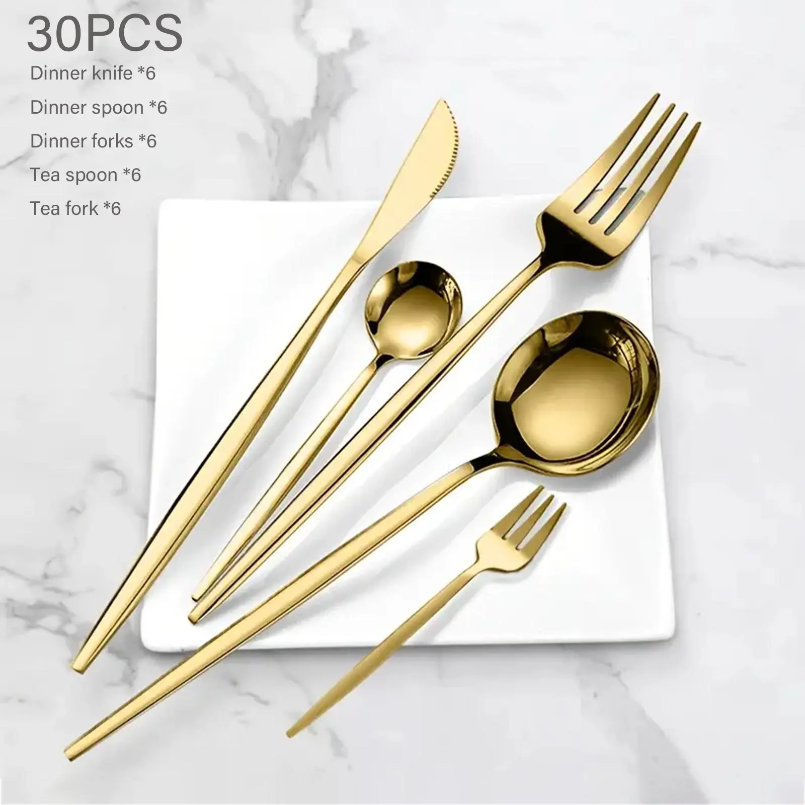Luxury Kitchen 30-Piece Gold Stainless Steel Cutlery Set - Mirror-Polished Flatware for 6, BPA-Free, Chip-Resistant, Includes Dinner Knives, Spoons, Forks, Teaspoons, Tea Forks, Durable, Dishwasher-Safe Tableware Utensils