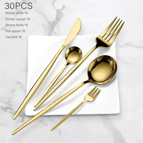 【Black Friday】Stainless Steel Gold-Tone Cutlery Set, 30-Piece Mirror-Polished Flatware Set with Dinner Knives, Spoons, Forks, Teaspoons and Dessert Forks, Durable and Dishwasher Safe