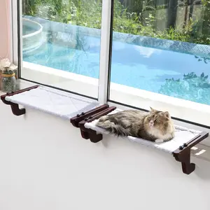 2 count Easy Seat  Perch for Window Sill - Hammock Design w/Pine  & Robust Metal Frame -  Window Seat for Large Cats and Kittens (Dark Stained  w/Gray Bed, Medium (23''W x 14''D))