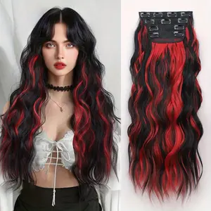 20 Inch Black Red Clip in Hair Extensions 4PCS Wavy Synthetic Hair Extensions Ombre Highlight Red Long Curly Clip Hair Pieces for Women Thick Natural Looking