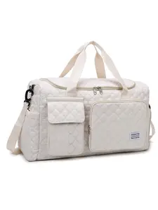 Multi-Pocket Large-Capacity Cream-White Quilted Travel Bag Soft-Style Short Trip Luggage Bag Trolley-Ready Maternity, Fitness, Student Commuter Bag New Women's Style