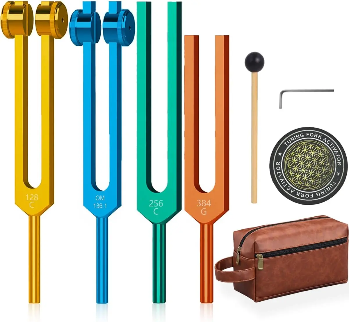 Upgraded Resonance Colorful Tuning Forks for Healing Set - Weighted & Unweighted Tuning Fork Set Including 128Hz, 136Hz, 256Hz, 384Hz & Hockey Puck Activator - Chakra Sound Therapy Instruments