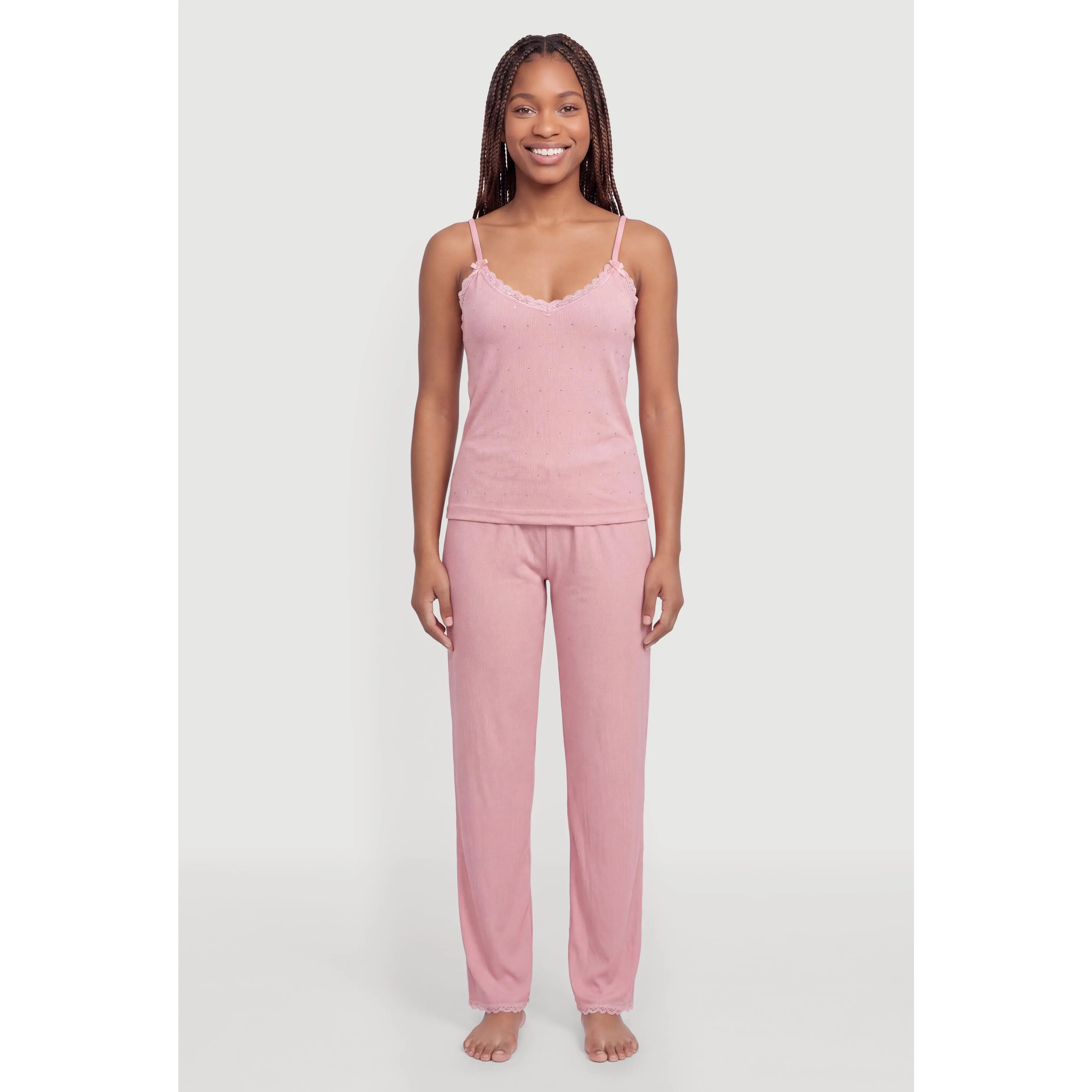 Lace Trim Rhinestone Studded Pajama Cami and Lounge Pants