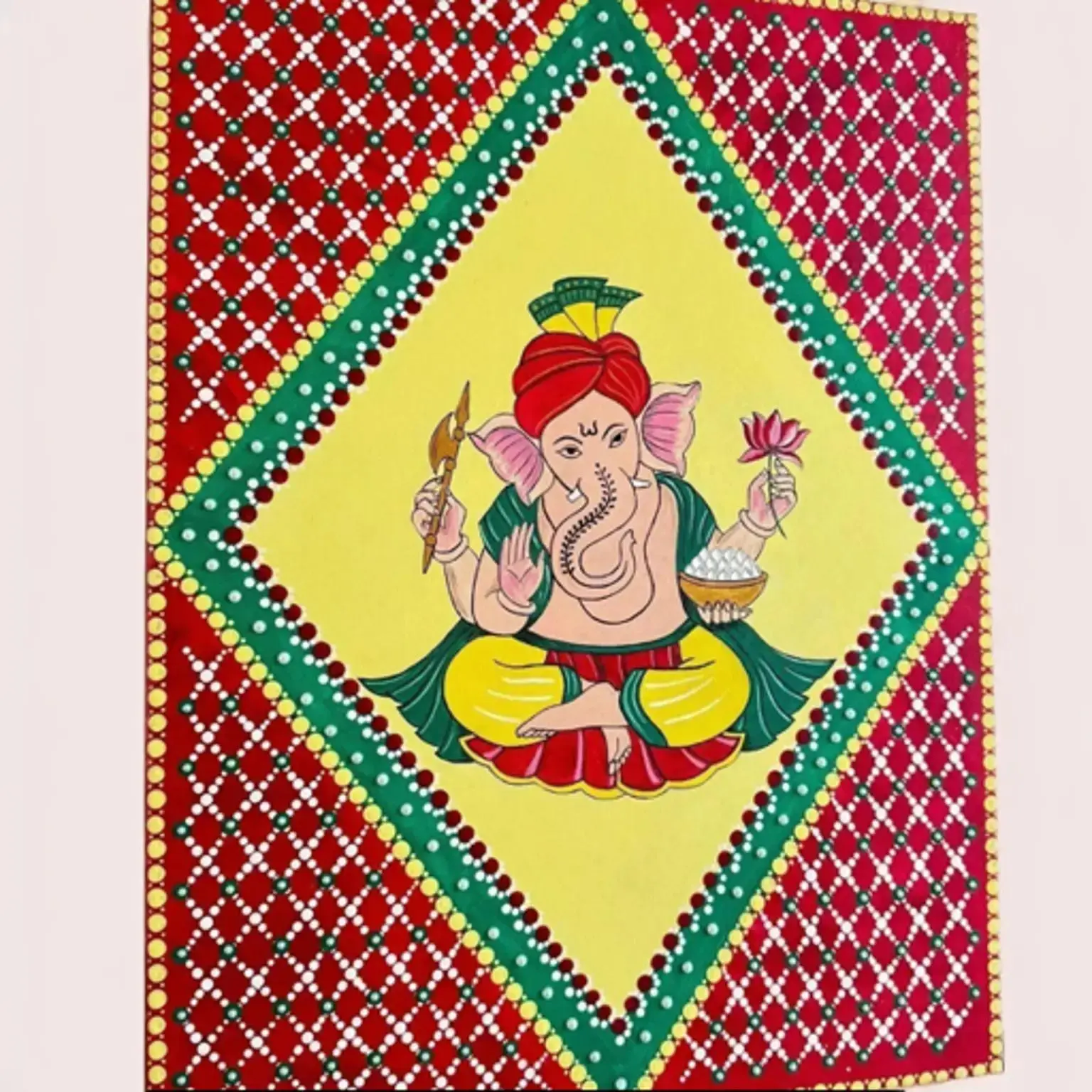 Handmade Ganesha Dot Mandala Artwork on 18x24 Stretched Canvas with White Pearls