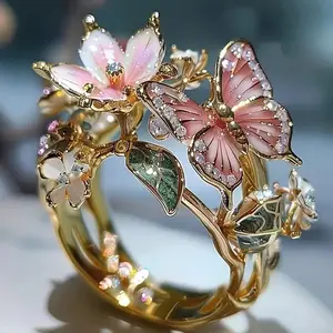 Flower Butterfly Ring With Rhinestones - Elegant Design Featuring Pink Flowers & Sparkling Rhinestones