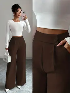 Solid dark brown clothing without patterns, featuring a high-waisted, wide-leg design. The style is minimalist and suitable for daily commuting, light business occasions, or weekend casual dates Casual Lounge Pants