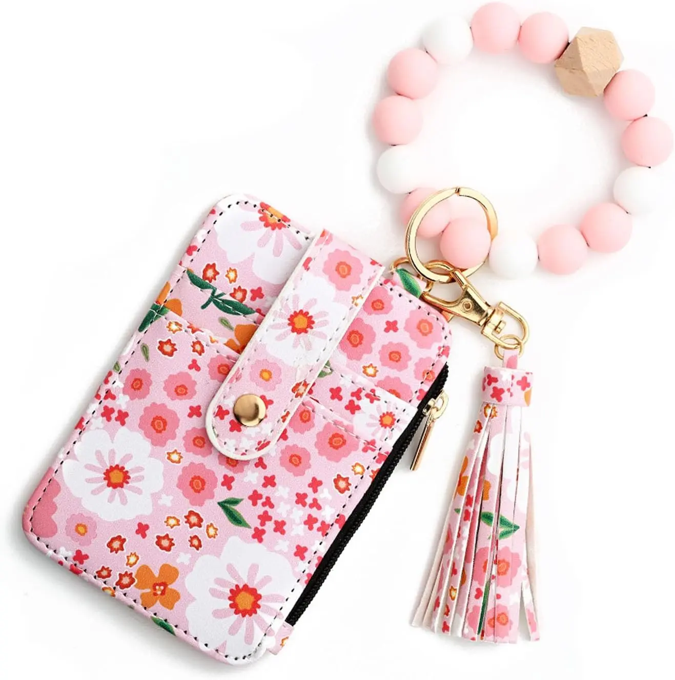 Boho Beaded Wallet with Flower Pattern, Women Boho Style Beaded Tassel Decorated Keychain Slim Credit Card Holder Purse