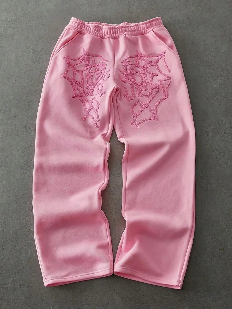 Pink Embroidered Sweatpants, Unisex Streetwear Joggers with Spider Web Heart Design, Loose Fit Fleece Loungewear for Men and Women