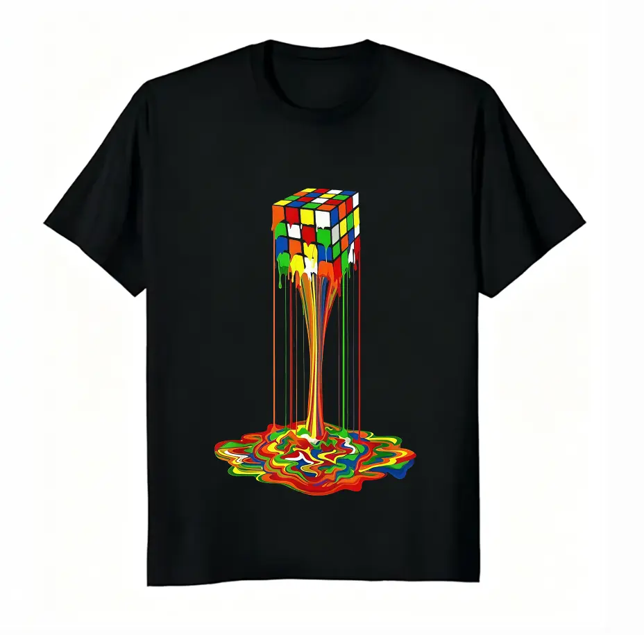 Men & Women 100% Cotton Melting Rubik's Cube Retro Graphic T-Shirt, Cool Color Drip Puzzle Tee