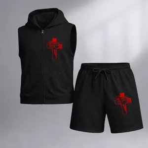 Men's Christian Faith Cross Sleeveless Hoodie Shorts Set 2 Piece Outfit Jesus Graphic Zip Up Hooded Vest Drawstring Shorts Summer Casual Gym Workout Streetwear Breathable Lightweight Athletic Lounge Set