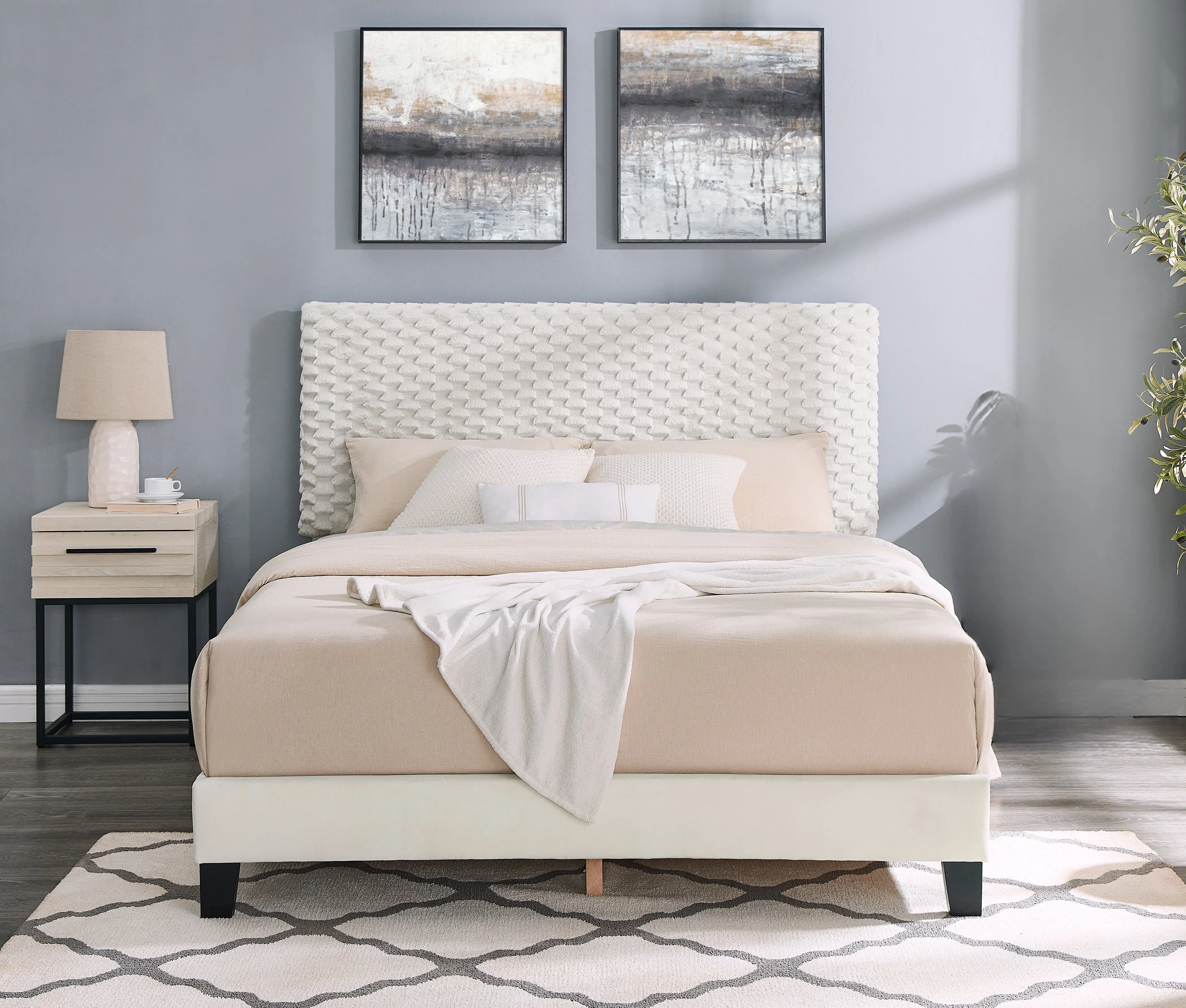 Findlay 2-Piece Bedroom Set, Plush 3D Upholstered Bed with Nightstand Findlay 2-Piece Bedroom Set, Plush 3D Upholstered Bed with Nightstand