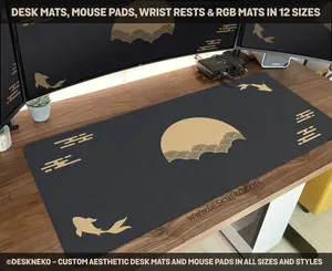 Japanese Desk Mat, Black & Gold Mousepad, Koi fish sun cloud Japan art seal sunrise, Dark sunset Large XXL Gaming Deskmat RGB LED mouse pad, Desk Mat Gifts