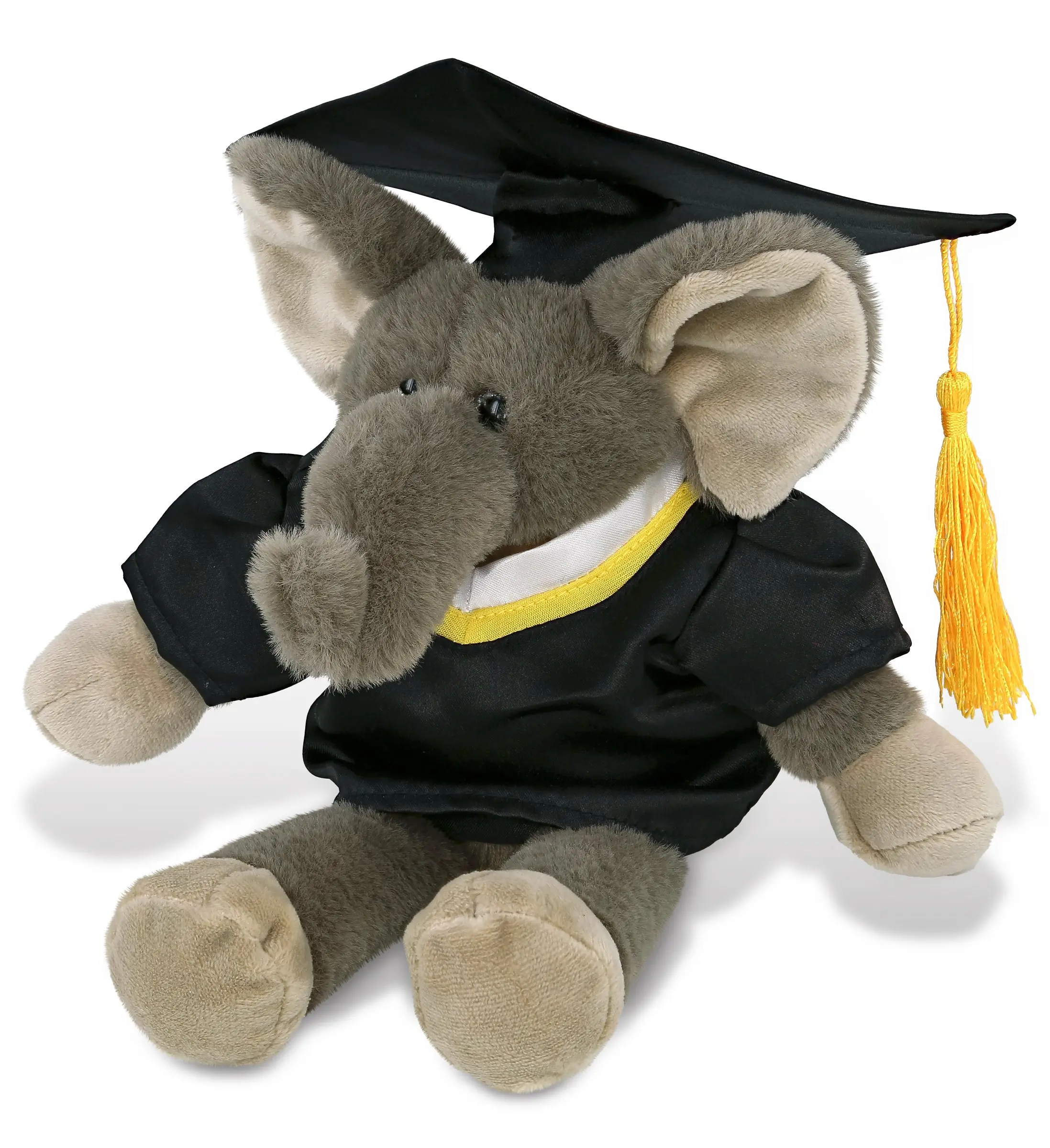 DOLLIBU 10.5in Super Soft Long Leg Elephant Plush Toy - Durable Polyester, Realistic Designs, Yellow Tassel, Surface Washable with Cold Water, Graduation Gift for Kids' Collectibles, Novelty Item (Compatible with Black Graduation Gown, Removable Hat)