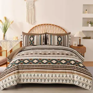 Brown Boho Comforter Set Queen Size,7 Pieces Bed in a Bag Queen Coffee Aztec Bedding Sets with Sheets Bohemian Geometric Striped Complete Set for Fall Winter 90"x90"