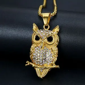 Stainless Steel Titanium Hip Hop Punk Iced Out Bling 14K Gold Plated Owl Charm Pendant Necklace for Men Women Couple Gift Fashion Jewelry