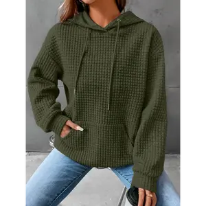 Waffle Grid Kangaroo Pocket Hoodie for Women, Long Sleeve Drawstring Sweatshirt Collar Fabric Tops Casual