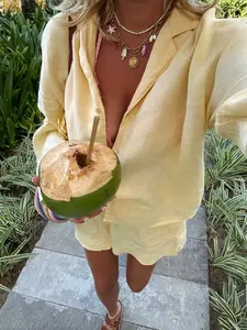 Women's Loose Fit Shirt Top & Shorts Set, Womenswear Casual Beachwear Matching Two-Piece Outfit, Comfortable Summer Vacation Wear, Solid Pure Color Design