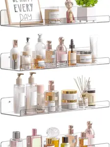 4 Pack Acrylic Shelves for Bathroom Storage, 15- for Perfume, Make up, Skincare, Kids Bookshelf for Bedroom, Nursery, Living Room Decor, Clear.