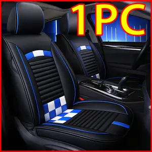 Waterproof Leather Car Seat Covers with Blue & White Checkered Design 1PC