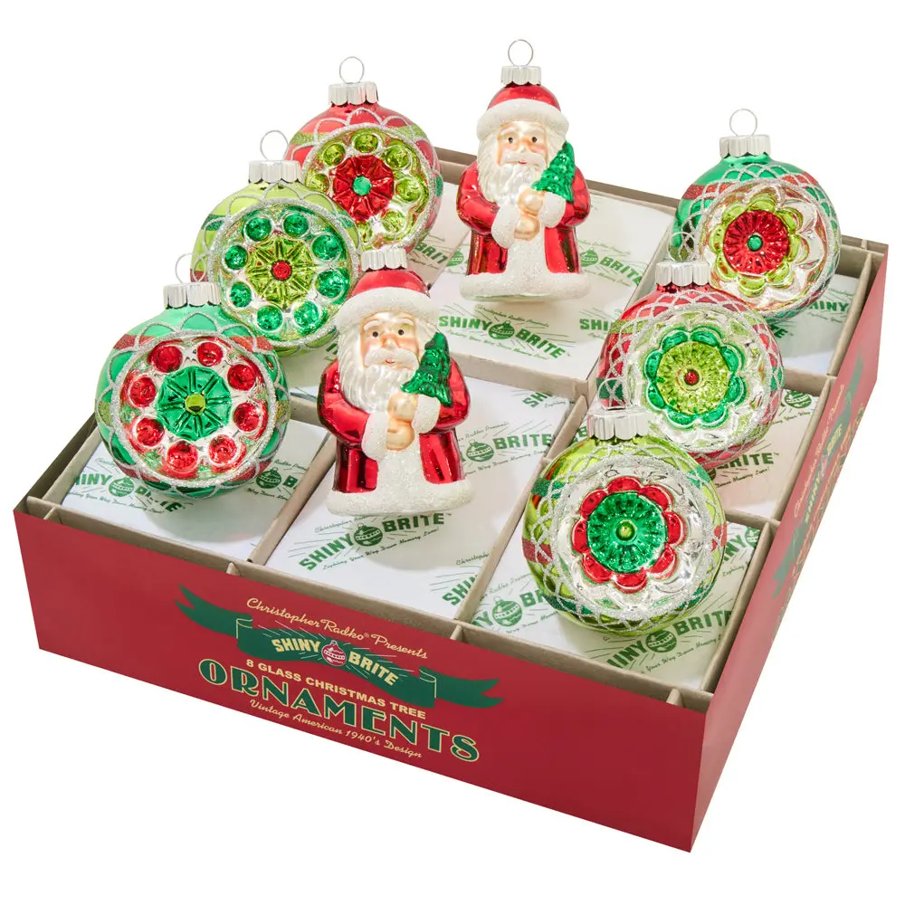 HOLIDAY SPLENDOR Decor Set - 8-Count Festive Figures, Shiny Reflector Rounds for Christmas Tree Ornaments