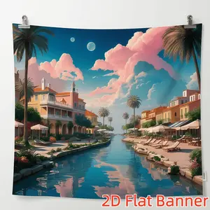 1PC Custom 2D Flat Polyester Backdrop Banner - Dreamy Coastal Town Canal Scene with Pink Clouds, Double Moons, Palm Trees, Ideal for Outdoor Pool Party, Birthday Decorations