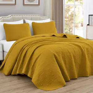 Luca 3-Piece Oversized Bedspread Set, King Size, Mustard - Lightweight Microfiber Summer Quilt 118 x 106, Floral Medallion Pattern Coverlet for All Season