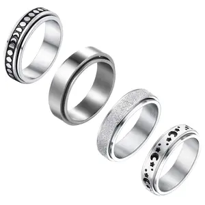 OIDEA 4PCS Silver Chrome Star Moon Spinner Rings, Stainless Steel Anxiety Fidget Rotating Engravable Stackable Couples Gift for Birthday, Silver Chrome Rings