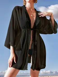 Women's Fashion Lace Patchwork Beach Vacation Hoodie, Drawstring Waist French Lace Trim Loose Fit, Casual Spring & Fall Outerwear