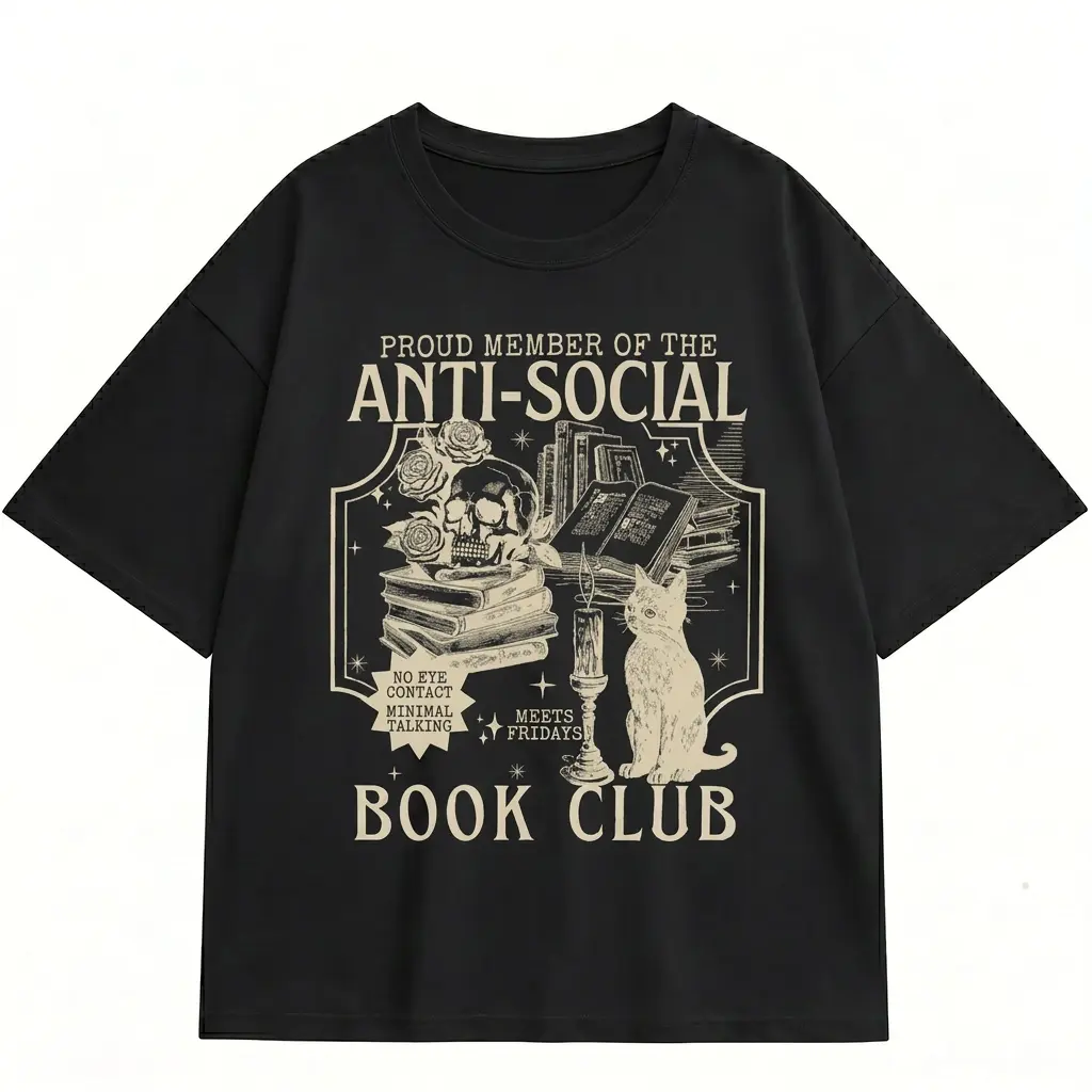 Anti Social Book Club Tshirt Vintage Graphic Tee Womenswear Summer Casual Shortsleeve Ghost Cat Retro Reading Design Gift For Book Lovers Oversized Comfy Top