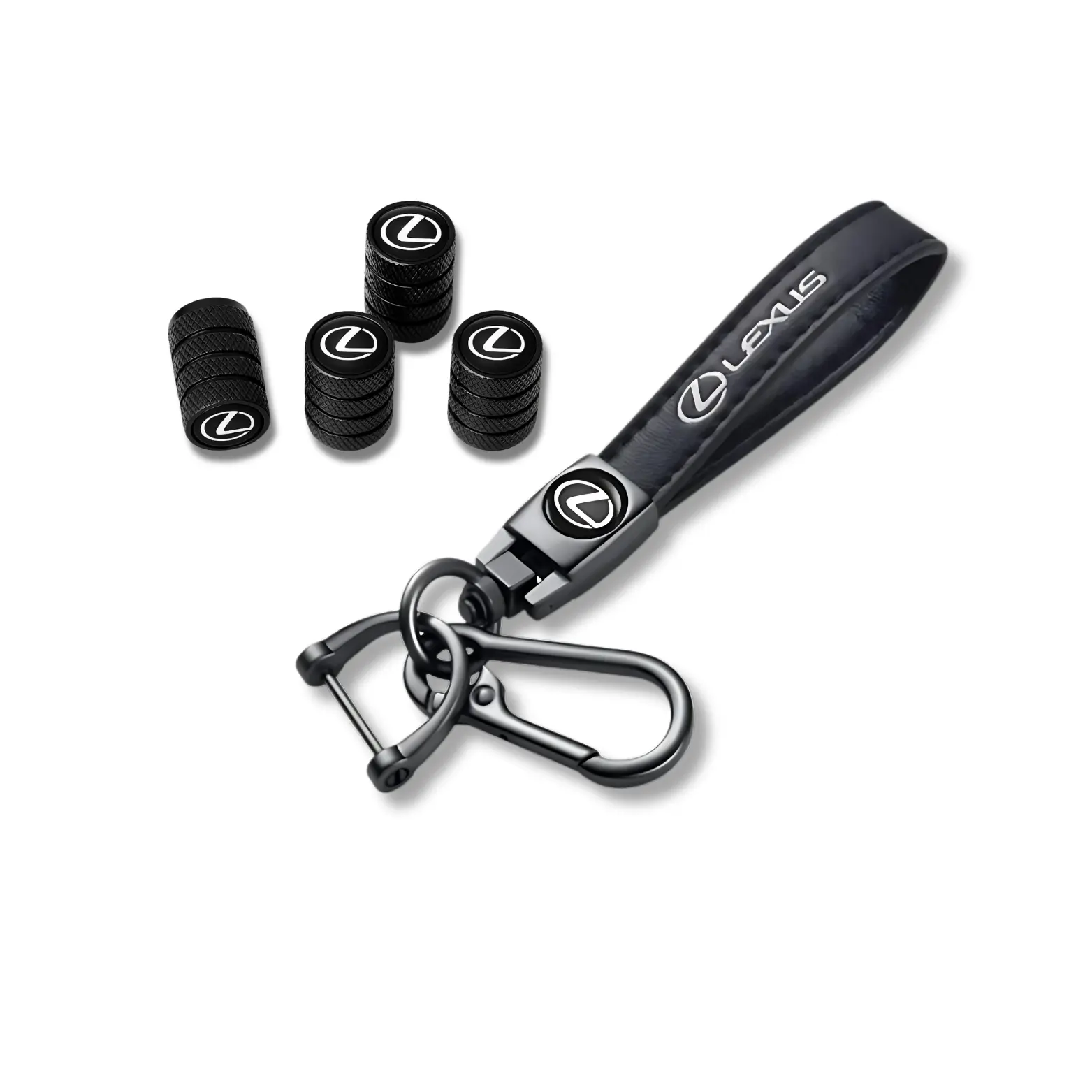 Lexus Keychain & Valve Stem Cap Bundle – 5pc Set | Premium Black Metal, Anti-Rust, Gift-Ready Car Accessory Pack