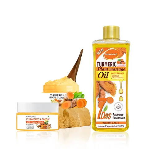 AMOCOCO Turmeric Massage Oil & Turmeric Scrub Set, Hydrating Bath & Body Care Products for Gentle Cleansing, Nourishing, Soothing Skin Comfort