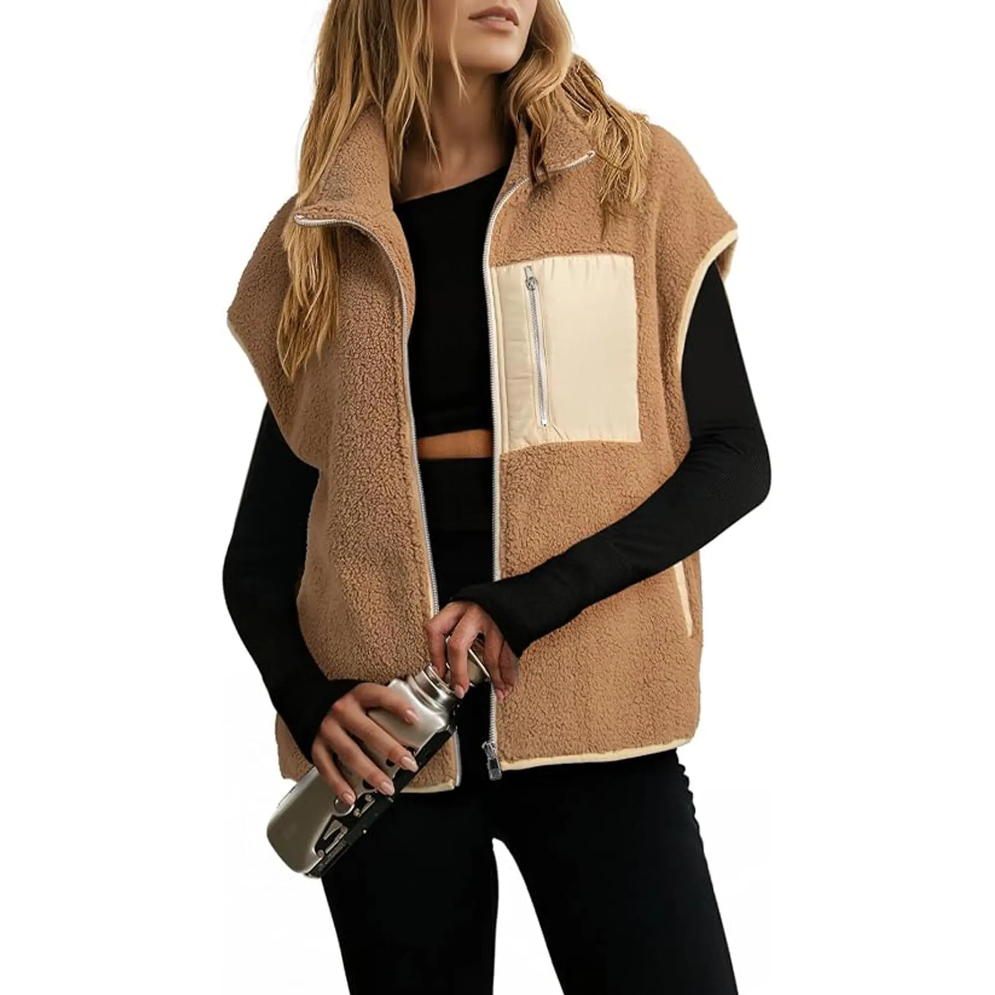 Women's Loose Stand-Collar Sherpa Fleece Vest Tops, Full-Zip Sleeveless Teddy Gilet Outerwear with Contrast Zipper Pockets, Warm Casual Layering for Fall Winter Daily Use